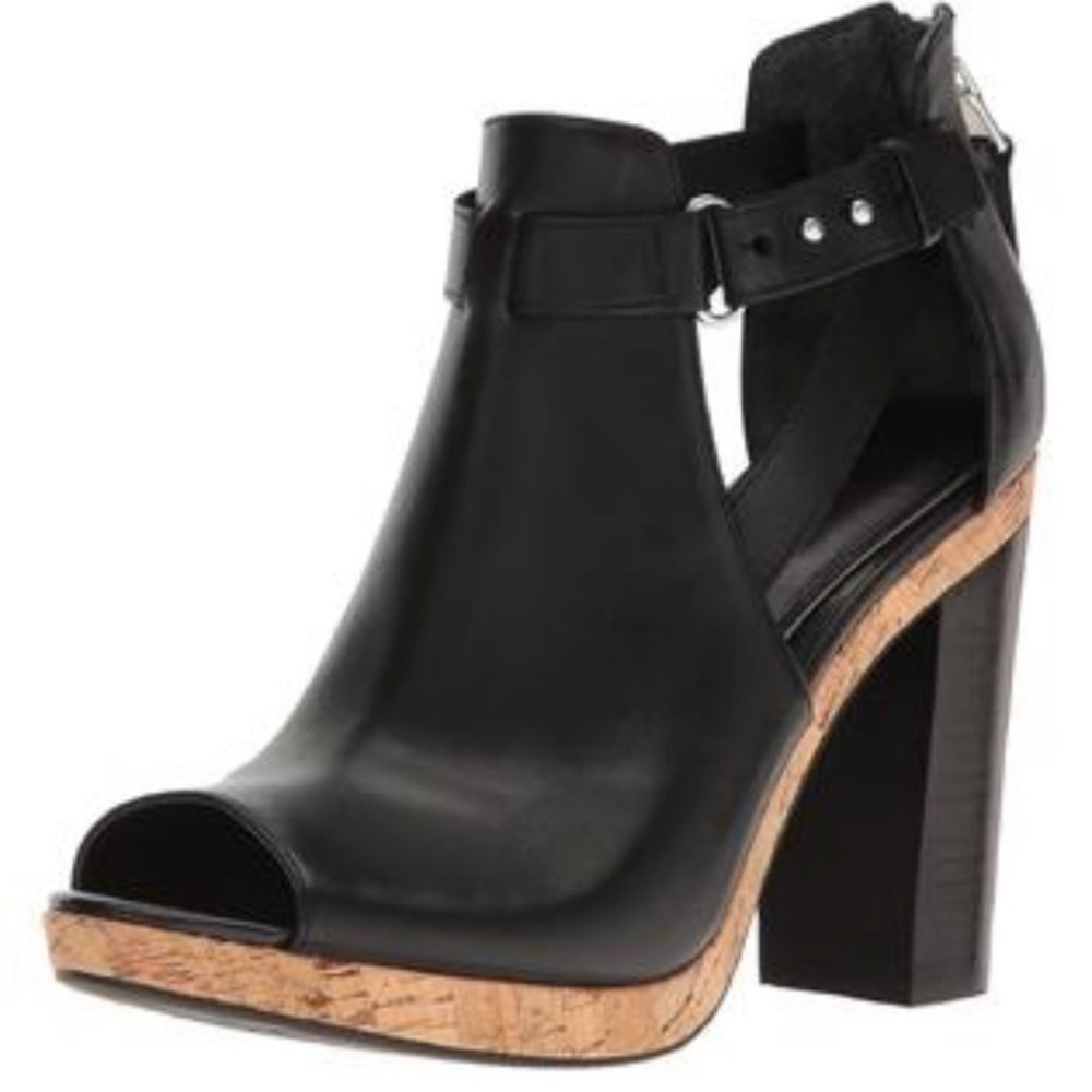 Ralph Lauren Fiana Peep Toe Black Leather Platform Bootie Size 8.5